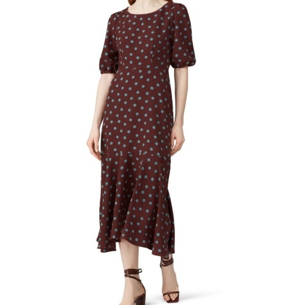 Bobeau Polka Dot Dara Midi Dress Puff Sleeve Ruffle Hem Burgundy Teal Size M